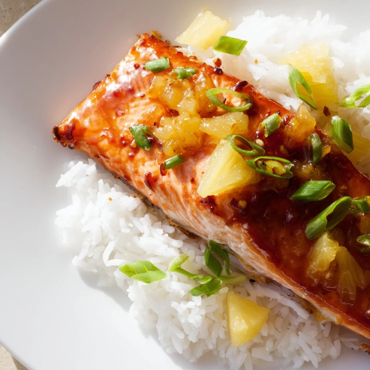 Juicy salmon fillets glazed in glossy pineapple sauce, served over fluffy rice with lime wedges for a tropical meal.