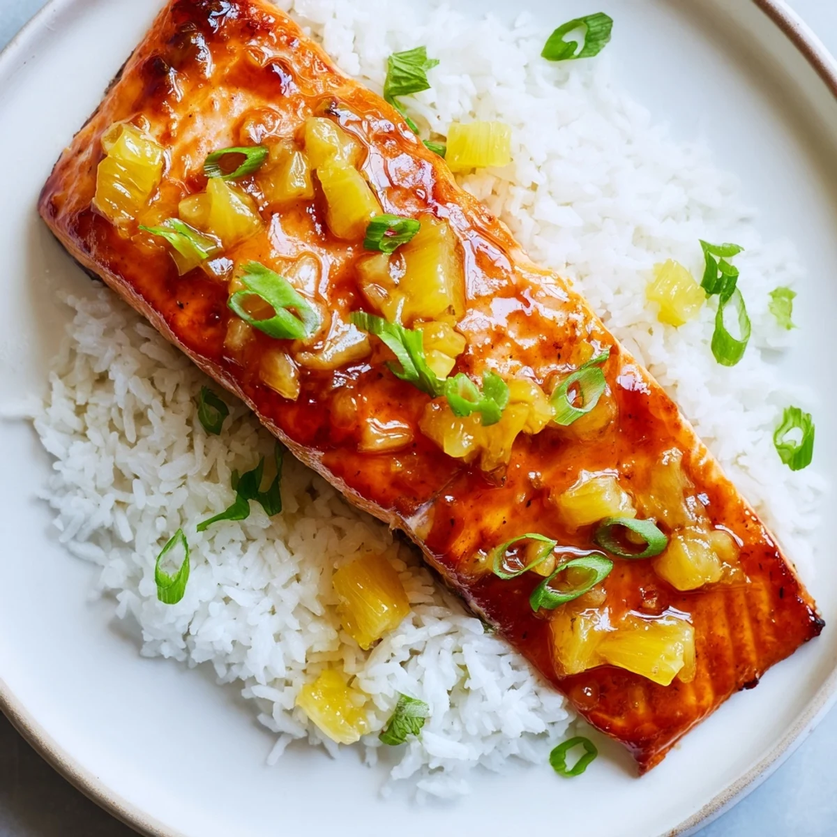 Glazed Pineapple Glazed Salmon Fillets atop steamed rice garnished with green onions and cilantro on a white plate.