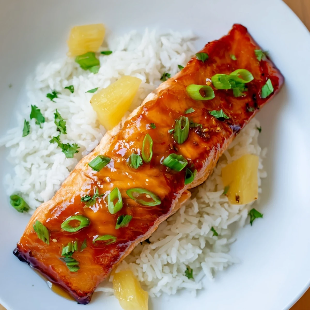 Sweet and tangy Pineapple Glazed Salmon Fillets paired with jasmine rice and diced pineapple, perfect for a quick dinner.