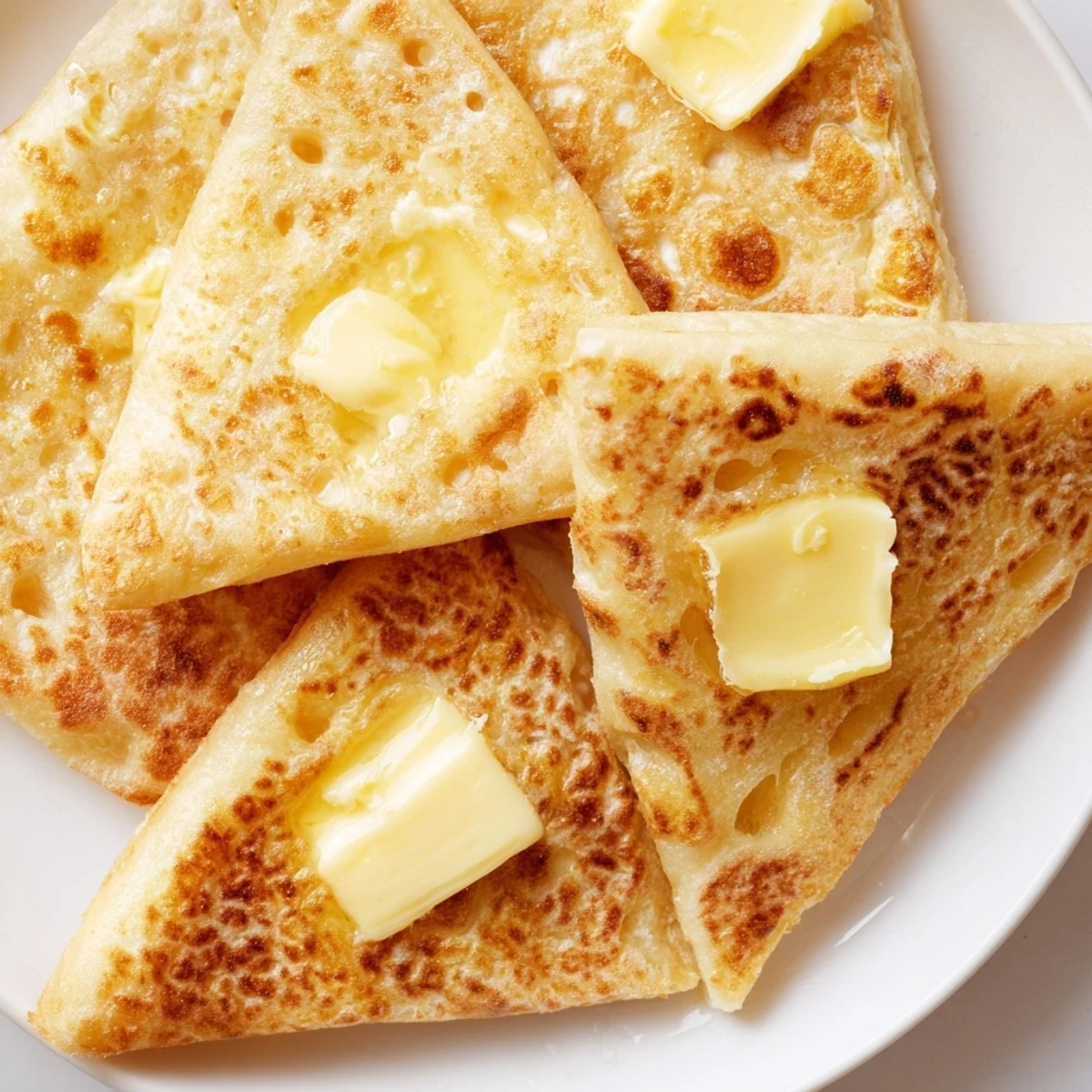 Golden Irish Potato Bread Farls with Salted Butter stacked on a rustic plate, steaming slightly.