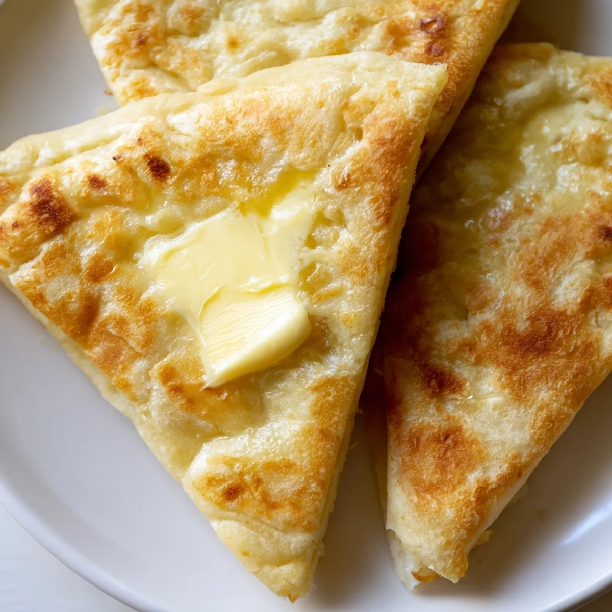 Rustic Irish Potato Bread Farls with Salted Butter beside a steaming cup of tea at breakfast.
