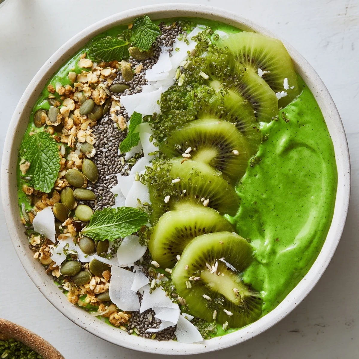 Creamy Shamrock Green Smoothie Bowl with Toppings garnished with fresh kiwi, mint, and crunchy granola.