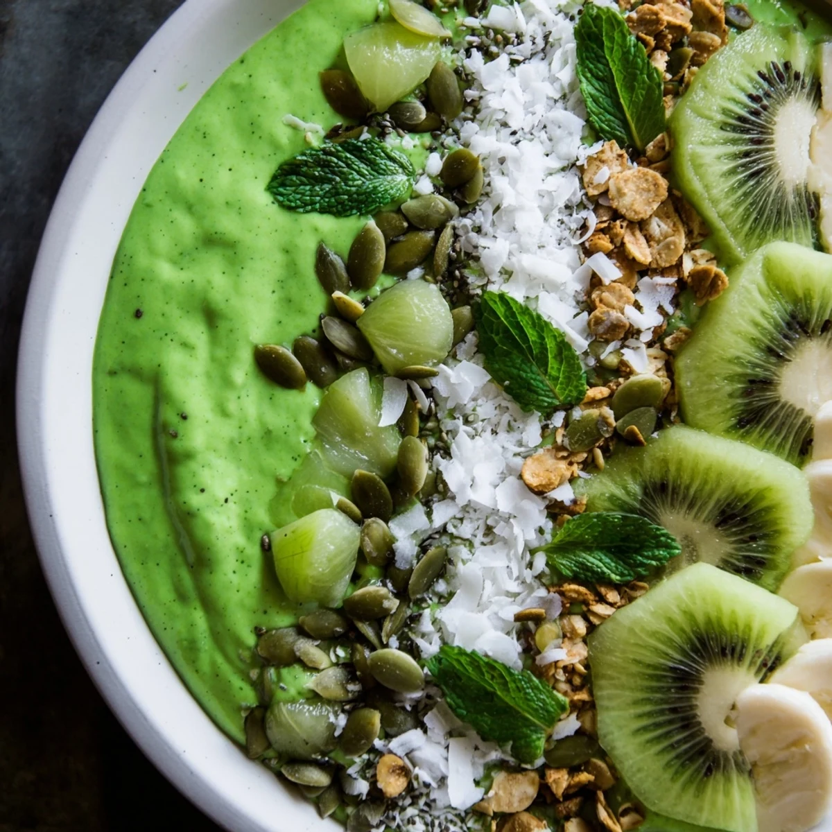 Vegan Shamrock Green Smoothie Bowl with Toppings served in a chilled bowl for a healthy breakfast.
