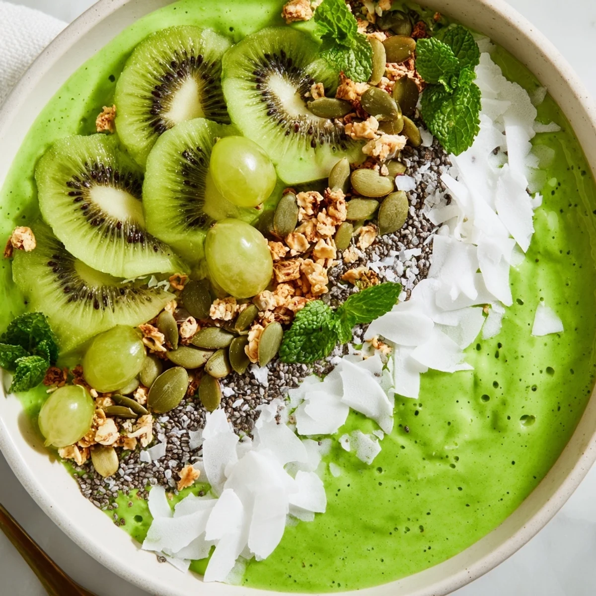 The Shamrock Green Smoothie Bowl with Toppings shows sliced kiwi and seeds on a vibrant green base.