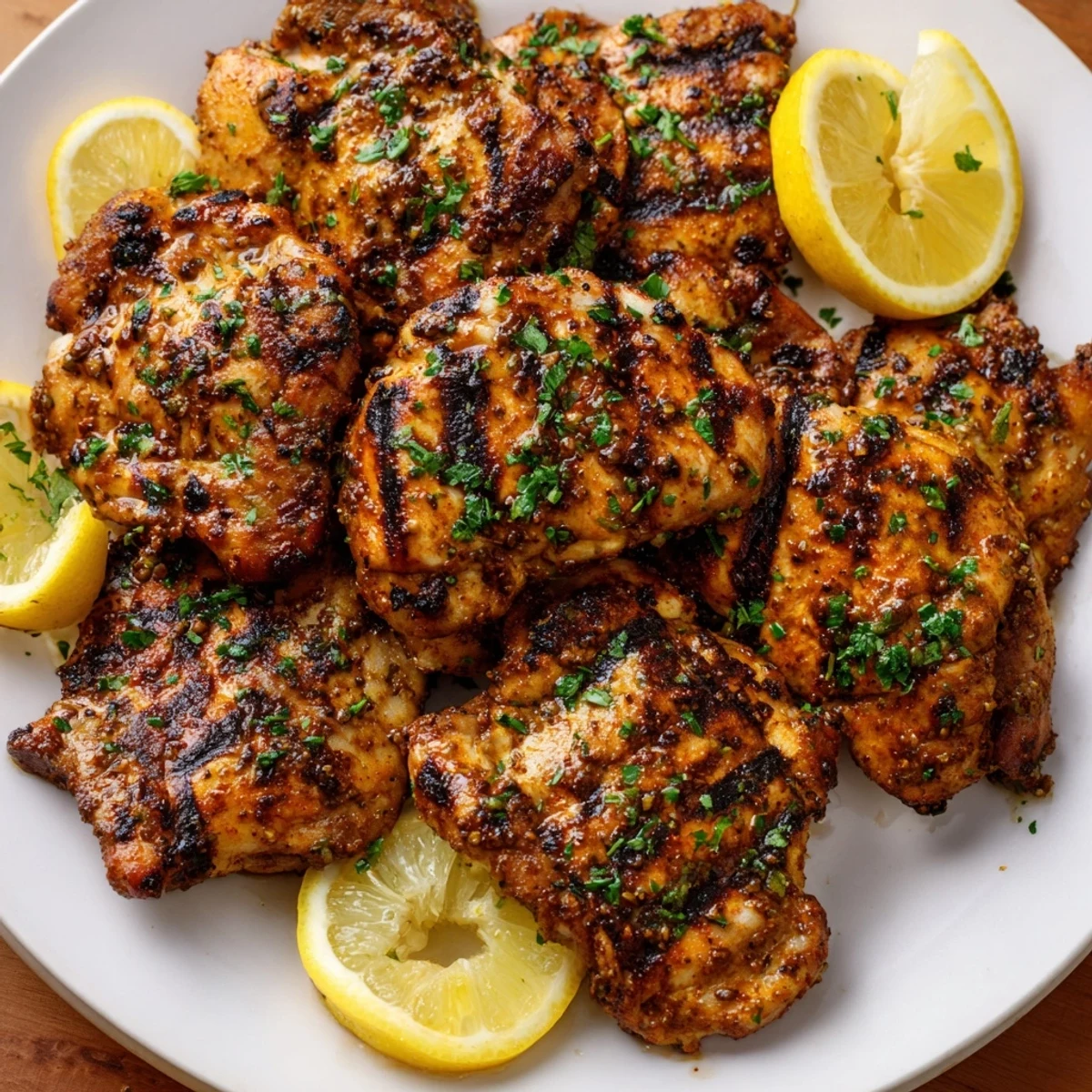 The Cajun Spiced Grilled Chicken Thighs sizzle with smoky char, showcasing juicy, tender meat and fresh parsley garnish.