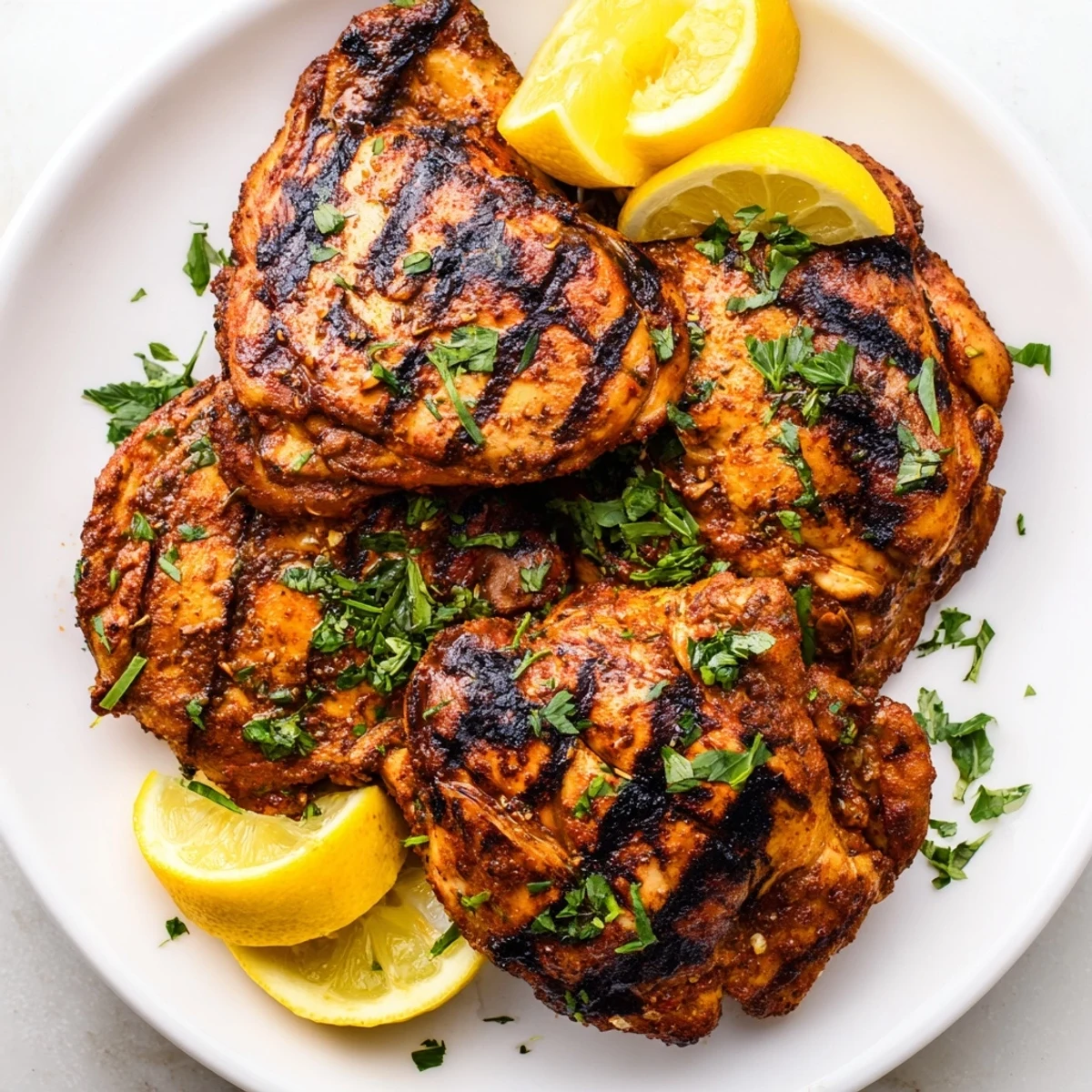 A close-up of Cajun Spiced Grilled Chicken Thighs highlighting the bold spices and glistening grill marks, gluten-free.