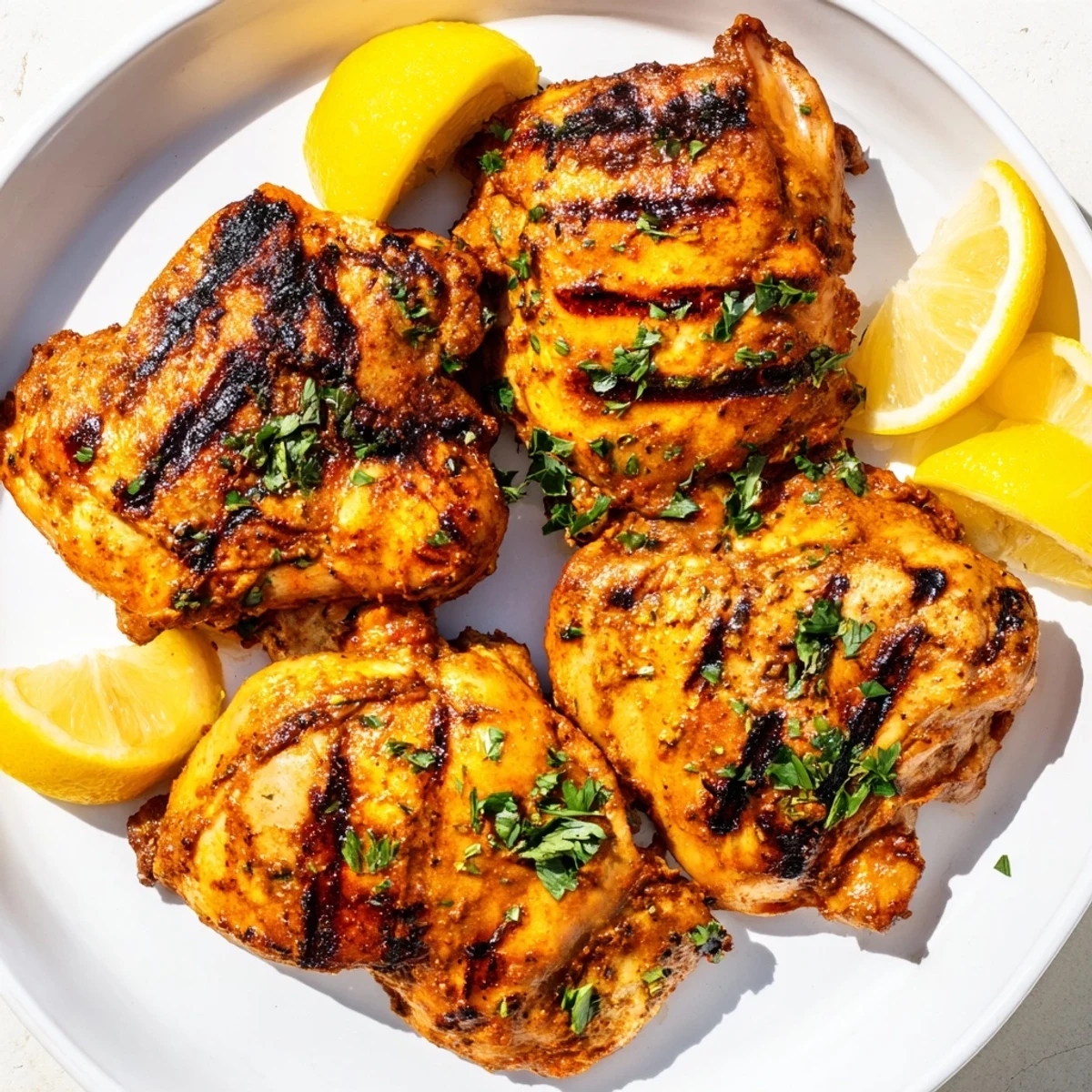 Grilled Cajun Spiced Chicken Thighs on a rustic plate with lemon wedges, ready for a summer barbecue dinner.