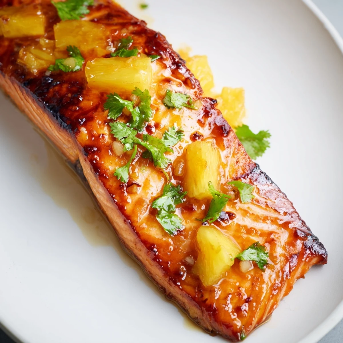 A close-up of Pineapple Glazed Salmon Fillets flaking easily beside steamed white rice.
