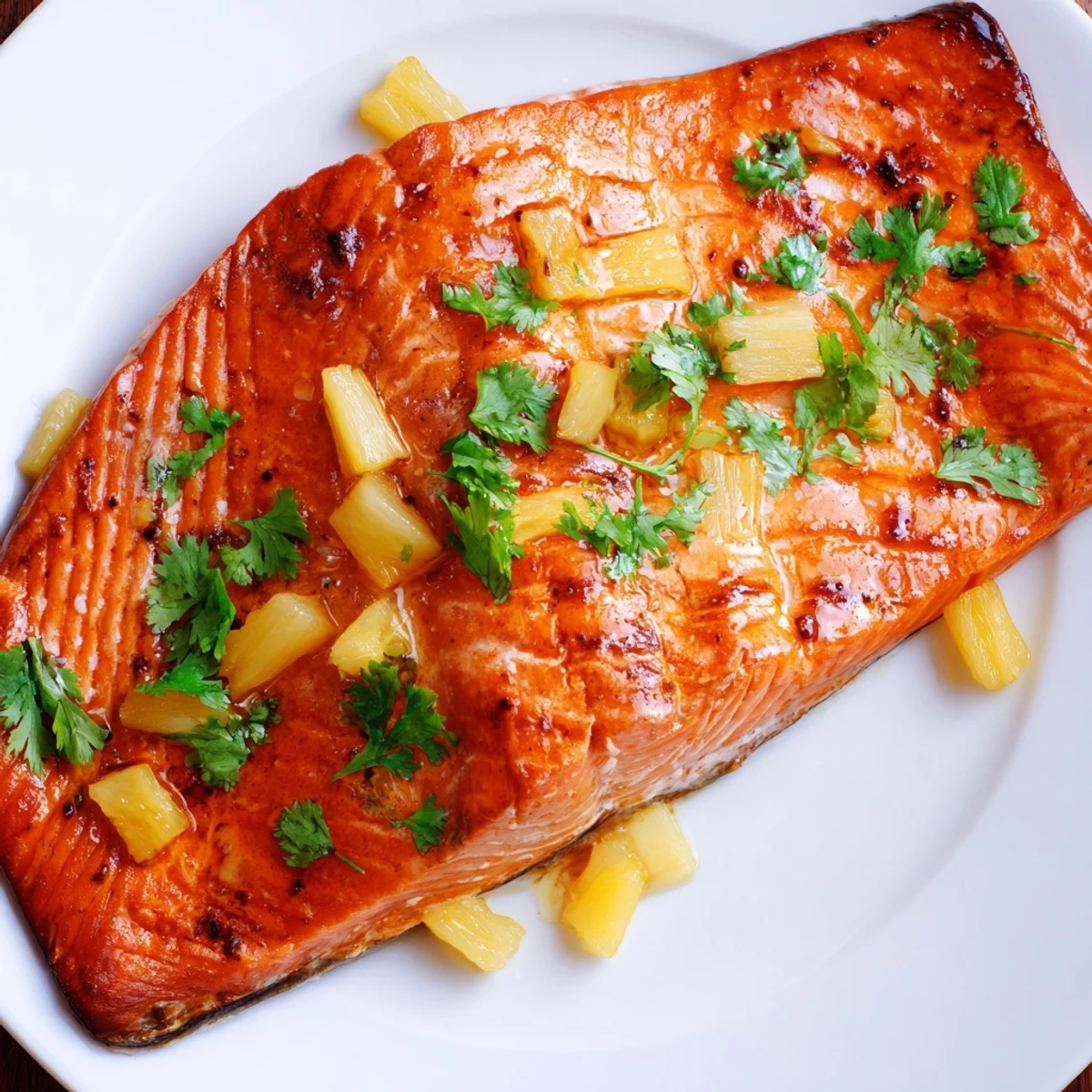 Four golden-brown Pineapple Glazed Salmon Fillets served with diced pineapple and vibrant sautéed greens.