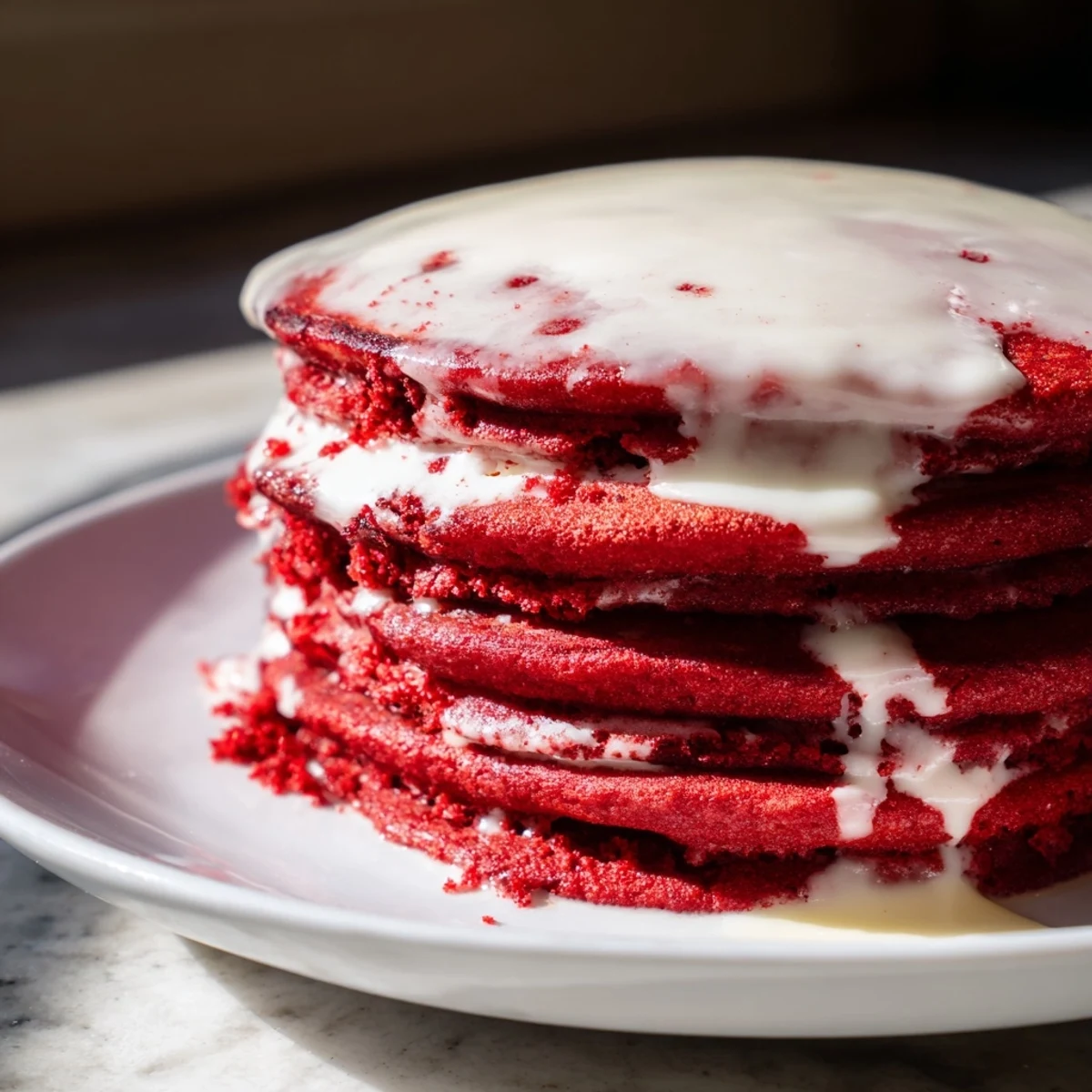 A close up of warm Red Velvet Pancakes with Cream Cheese Glaze drizzled over the top, ready to eat.