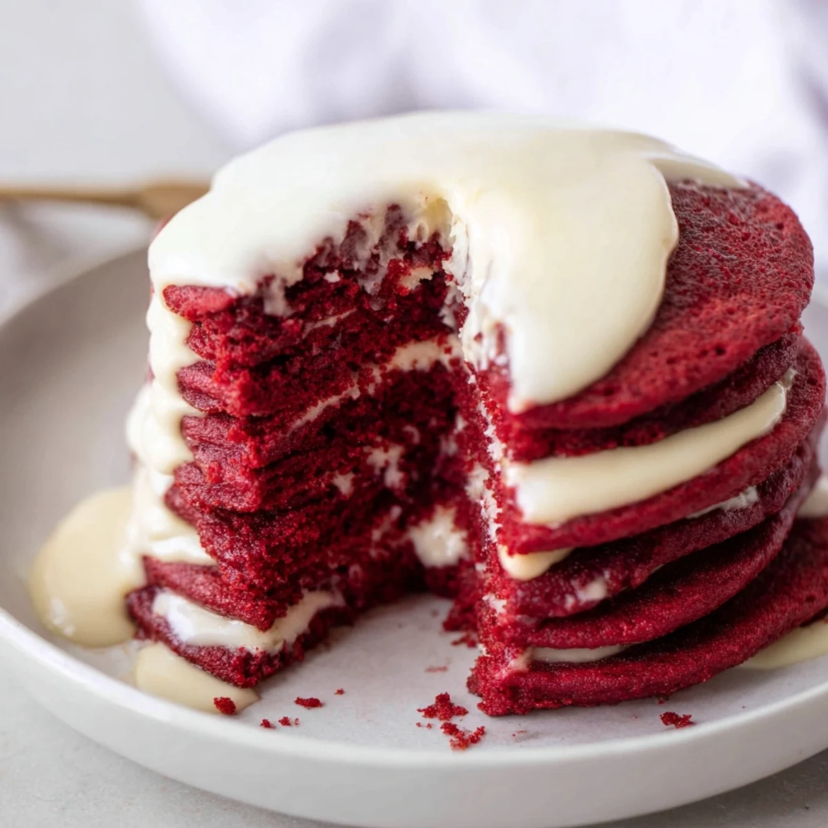 Stacked fluffy Red Velvet Pancakes with Cream Cheese Glaze on a white plate, fresh berries and mint garnish beside them.