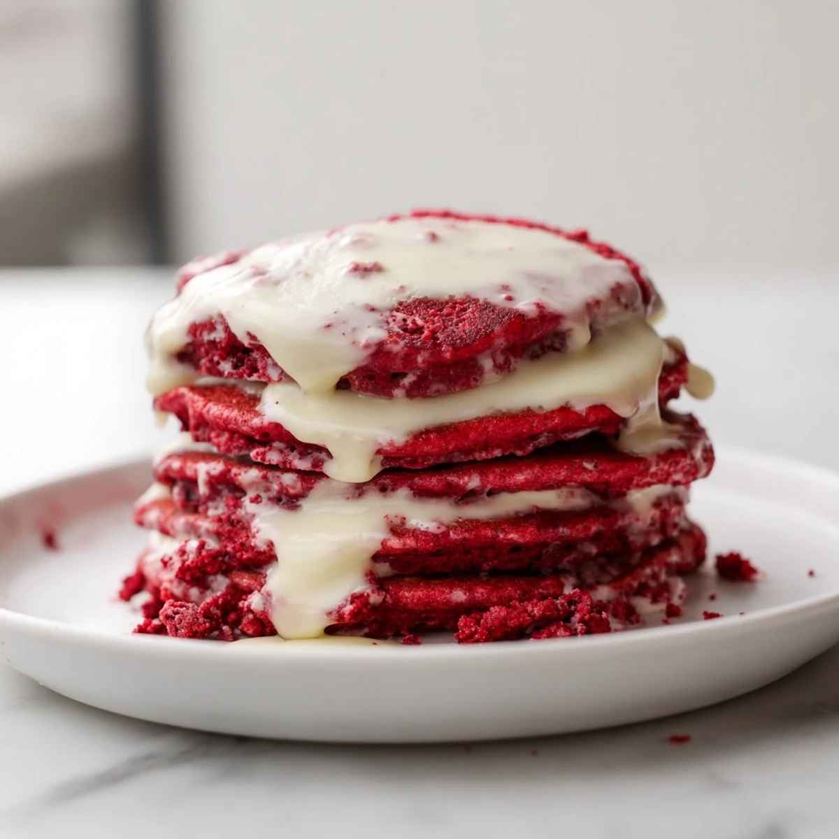 Golden Red Velvet Pancakes with Cream Cheese Glaze being poured from a small pitcher, ideal for a festive brunch.
