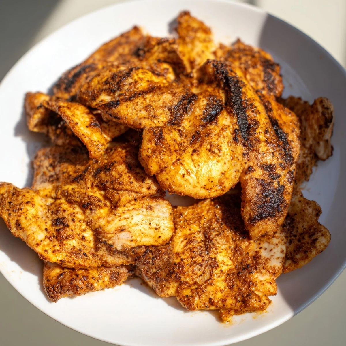 Platter of Cajun Spiced Grilled Chicken Thighs with smoky grill marks, served alongside vibrant corn and coleslaw.