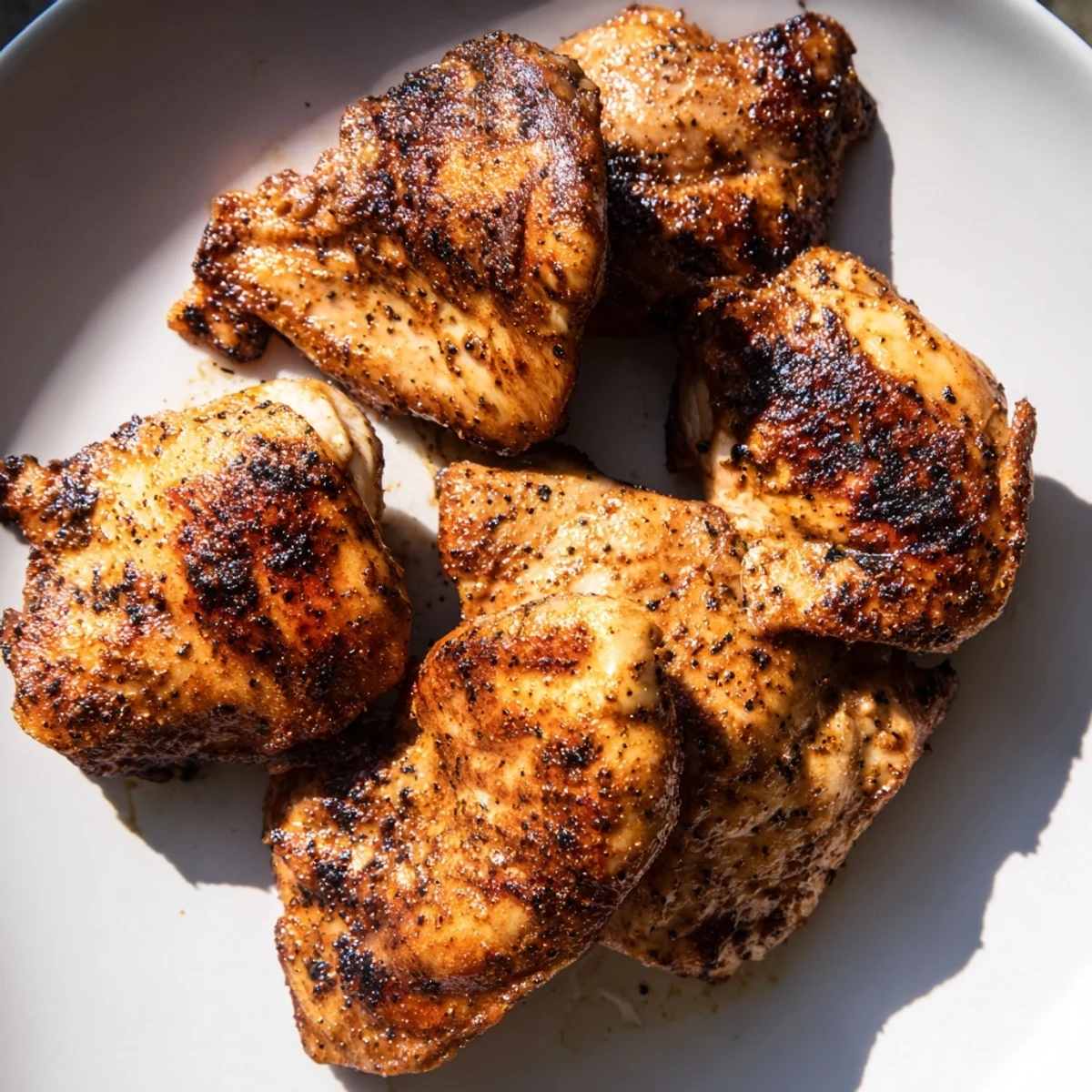 Golden-brown Cajun Spiced Grilled Chicken Thighs rest on a rustic platter, garnished with fresh parsley and lemon wedges.