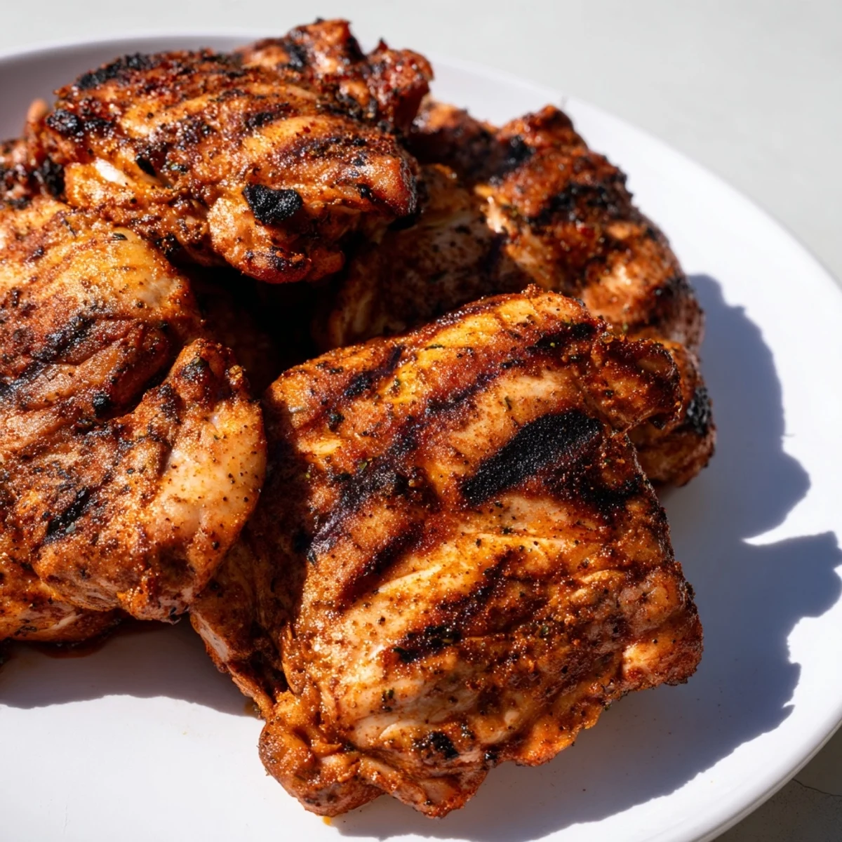 Close-up of Cajun Spiced Grilled Chicken Thighs revealing juicy interior and bold, dark red spice crust.