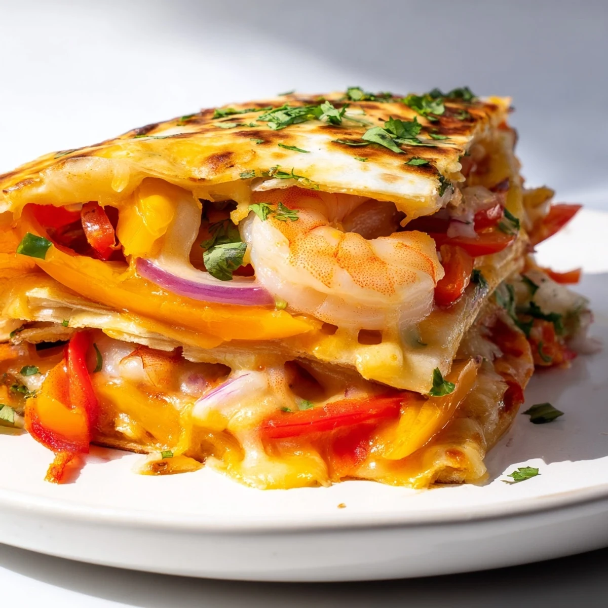 Golden-brown Shrimp Fajita Sheet Pan Quesadillas are served with fresh lime wedges and creamy avocado slices on a rustic wooden table.