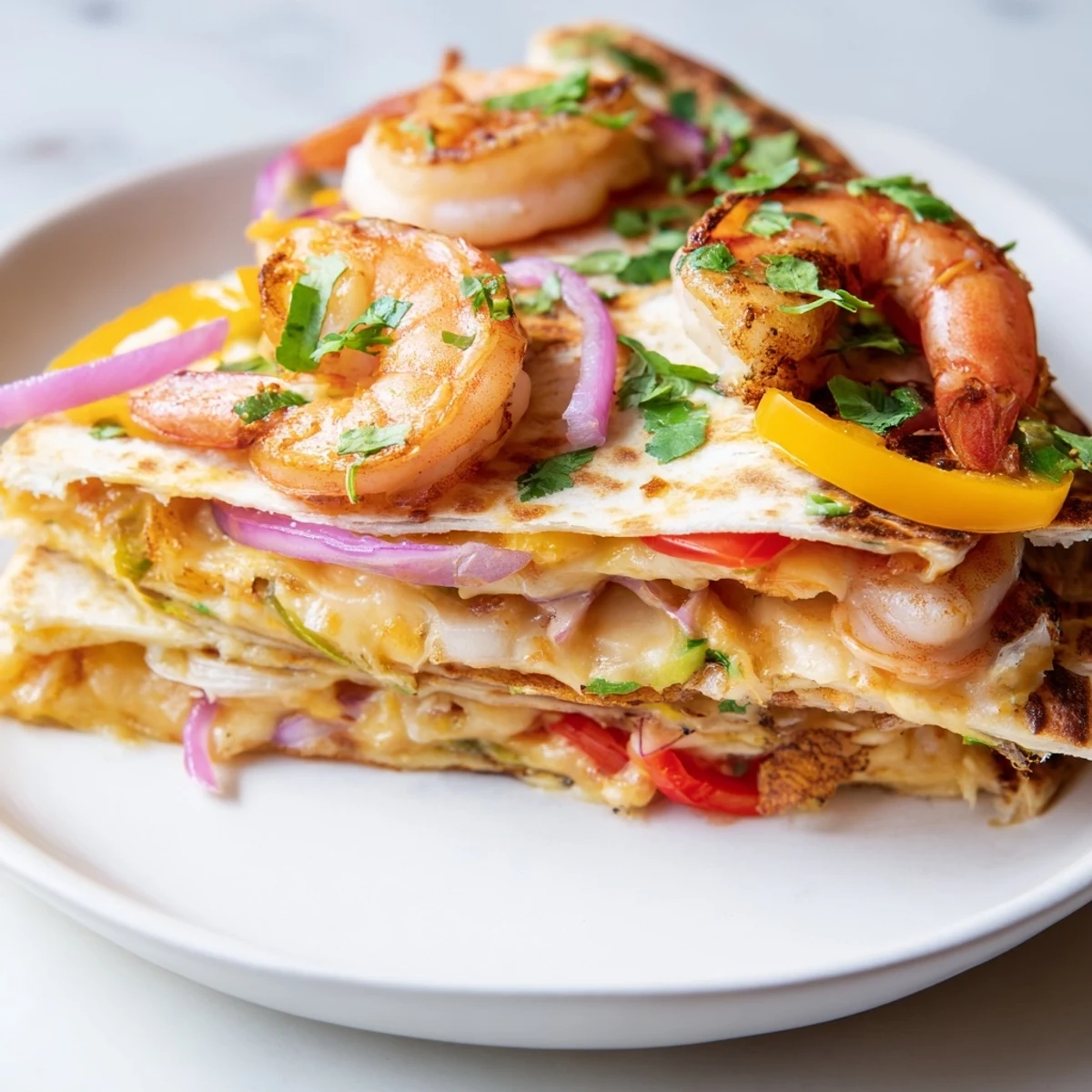 Freshly baked Shrimp Fajita Sheet Pan Quesadillas feature melted cheese, roasted peppers, and juicy shrimp on a simple baking sheet.
