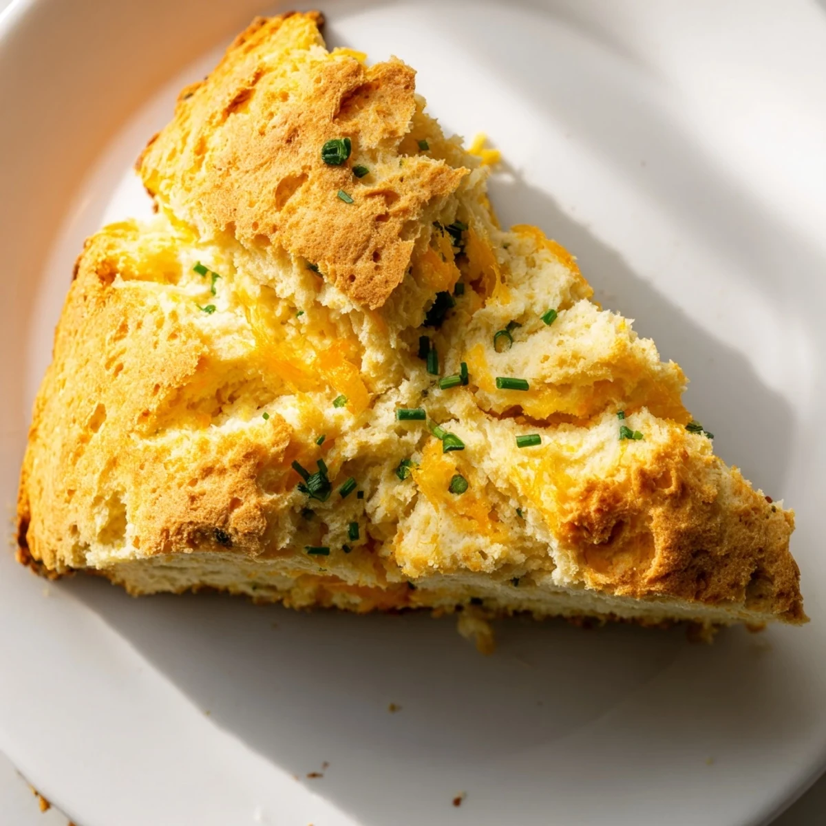 A close-up of Savory Cheddar & Chive Irish Soda Bread, its golden crust flecked with herbs, ready to slice and serve warm with butter.