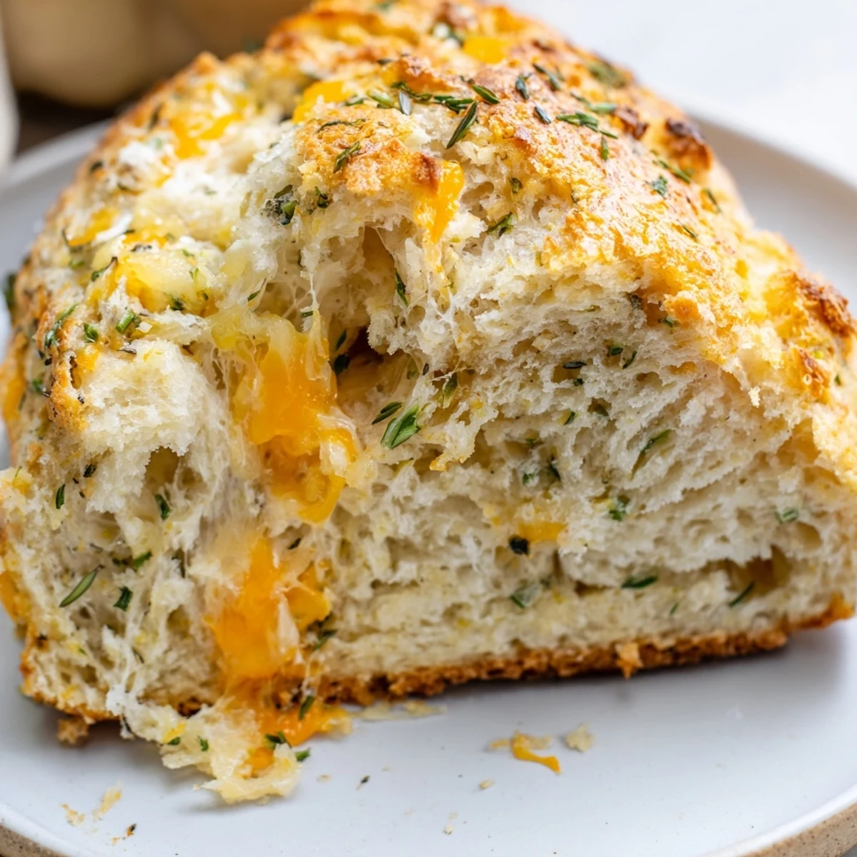 Sliced Savory Herbed Cheddar Irish Soda bread on a wooden board, revealing chunks of sharp cheddar and flecks of green herbs.