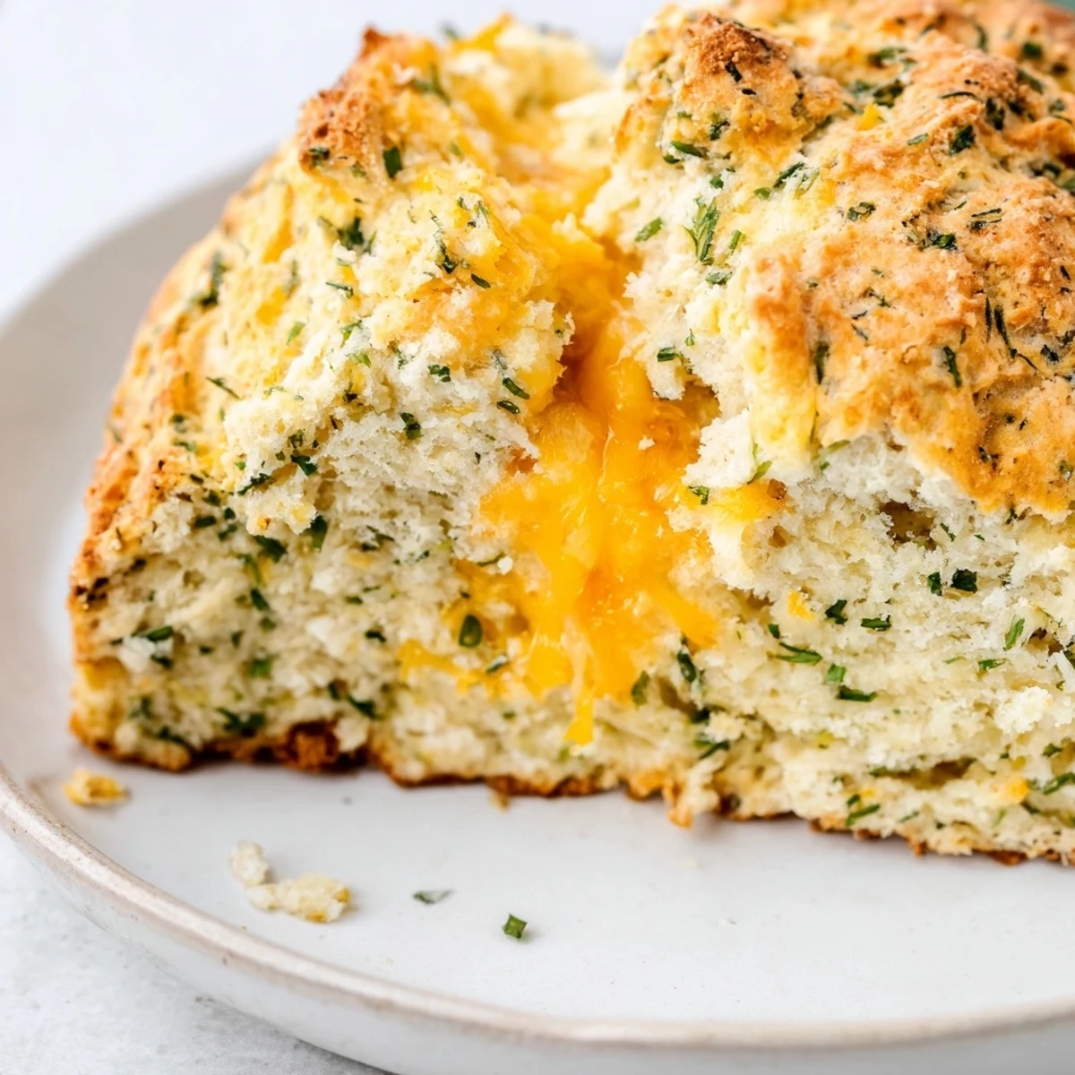 Golden-brown Savory Herbed Cheddar Irish Soda Bread fresh from the oven, showcasing a rustic crust and a hearty, crumbly interior.
