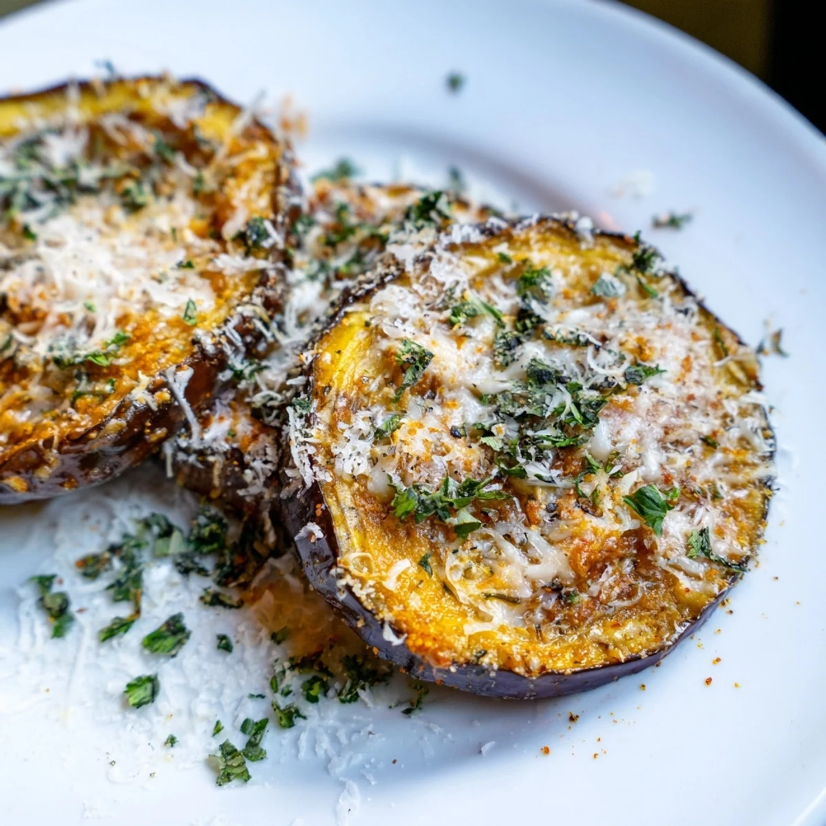 Golden roasted eggplant slices topped with crispy Parmesan and herbs, presented as a Mediterranean appetizer for a snack platter.