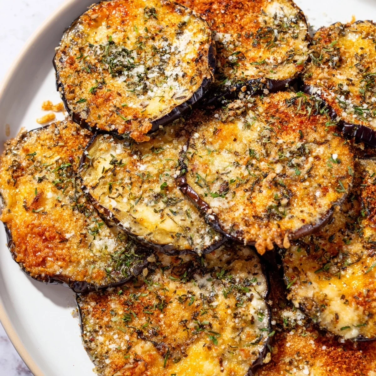 A close look at golden Mediterranean Roasted Eggplant & Parmesan Crisps arranged on a plate, perfect for a vegetarian gluten-free bite.