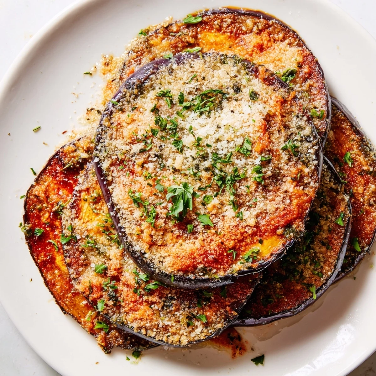 Mediterranean Roasted Eggplant & Parmesan Crisps served warm from the oven with fresh parsley and a lemon wedge on the side.