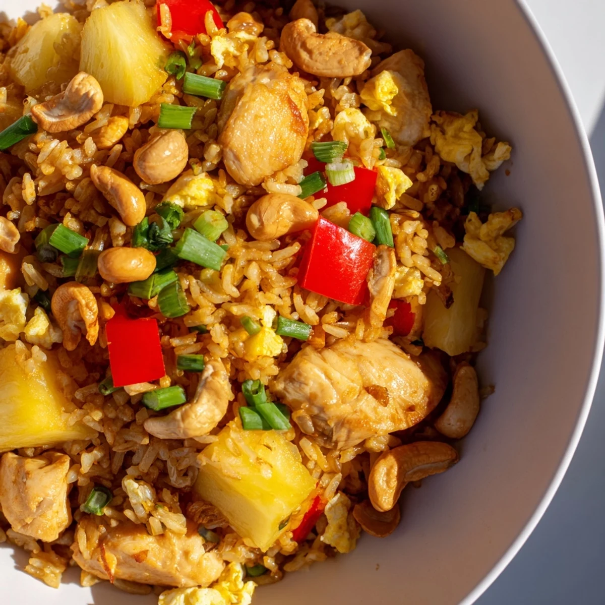 Golden Pineapple Chicken Fried Rice with cashews is served steaming hot alongside lime wedges for a zesty squeeze.