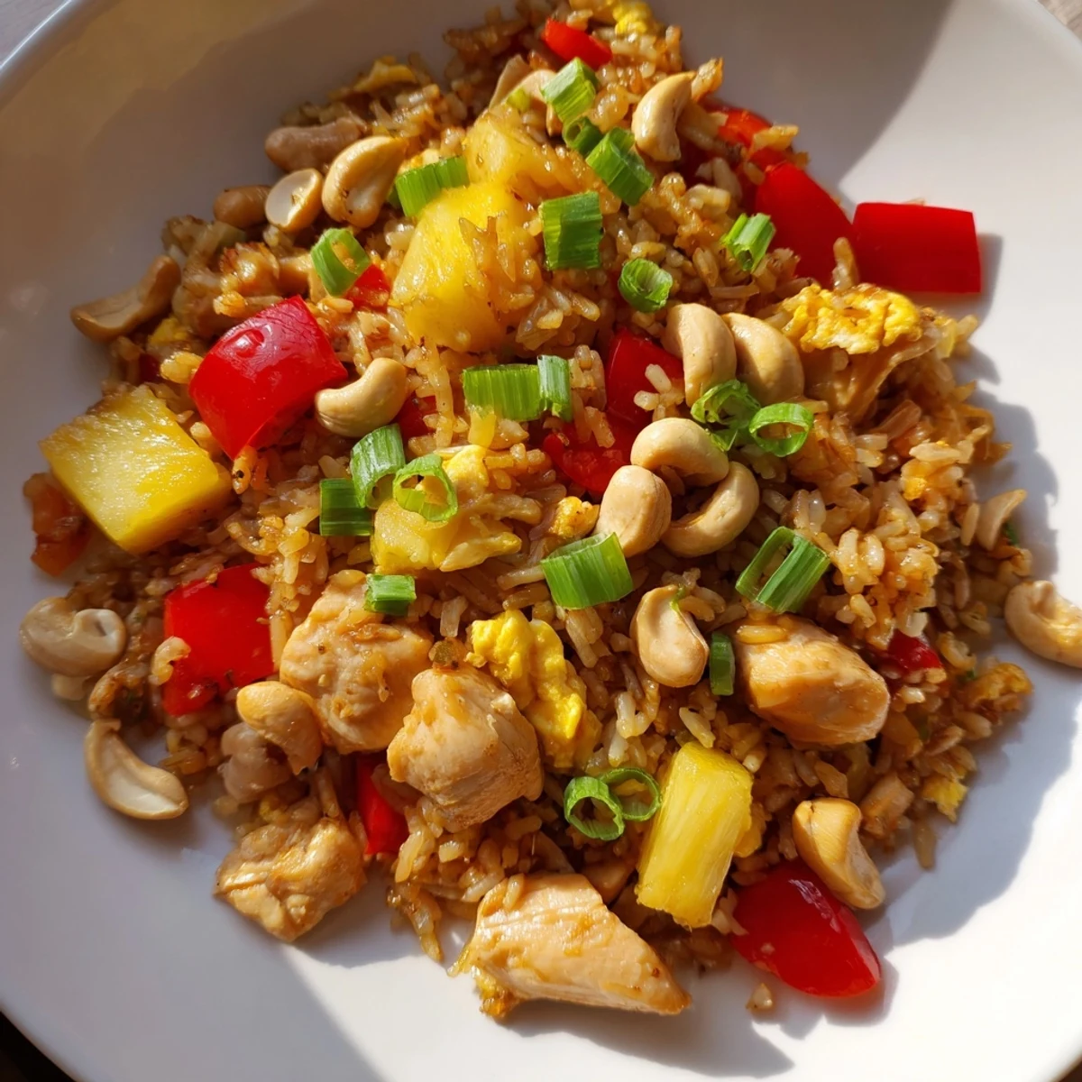 Freshly stir-fried Pineapple Chicken Fried Rice with cashews features golden chicken, vibrant bell peppers, and sweet pineapple chunks.