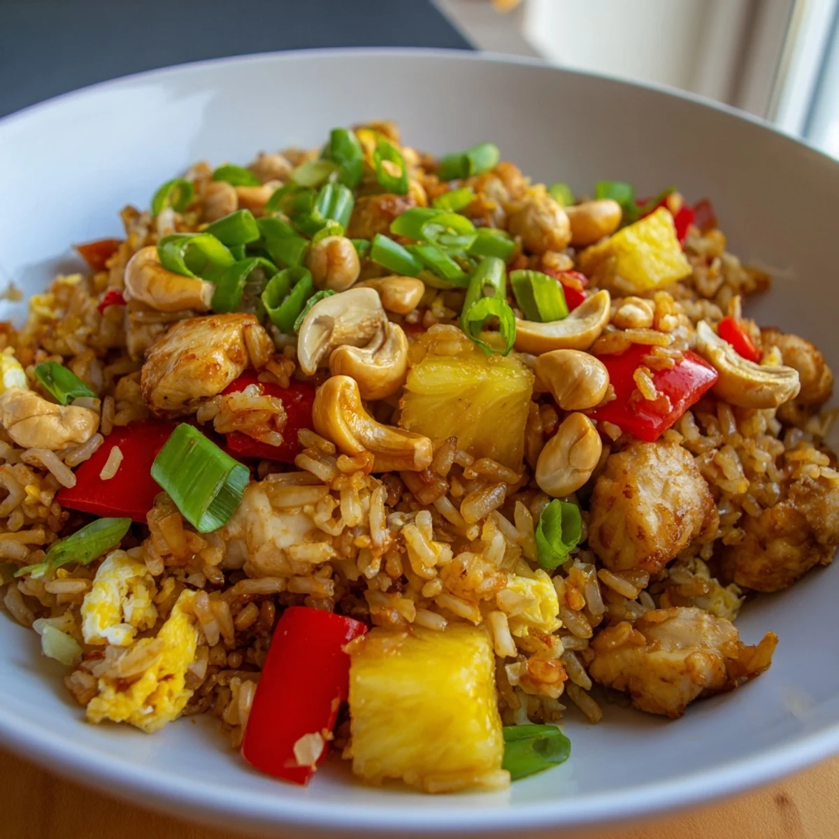Colorful Pineapple Chicken Fried Rice with crunchy cashews and fluffy jasmine rice, a perfect weeknight dinner ready to serve.