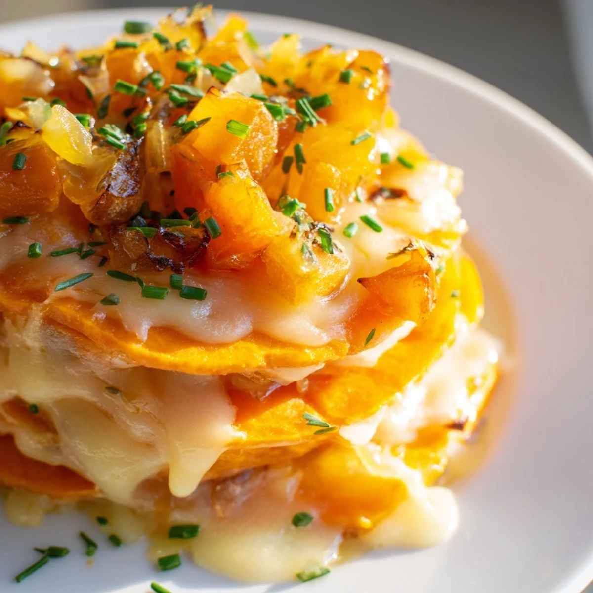 Golden layers of Cheesy Sweet Potato Gratin with Caramelized Onions Delight, topped with bubbly browned cheese and fresh chives.