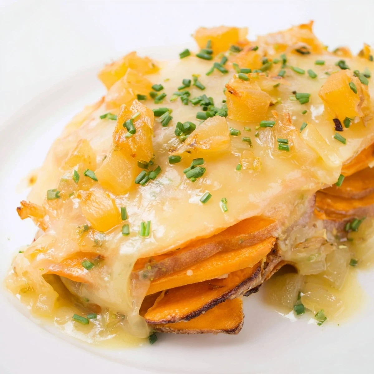 Sliced sweet potatoes and caramelized onions in Cheesy Sweet Potato Gratin with Caramelized Onions Delight, garnished with herbs on a rustic table.