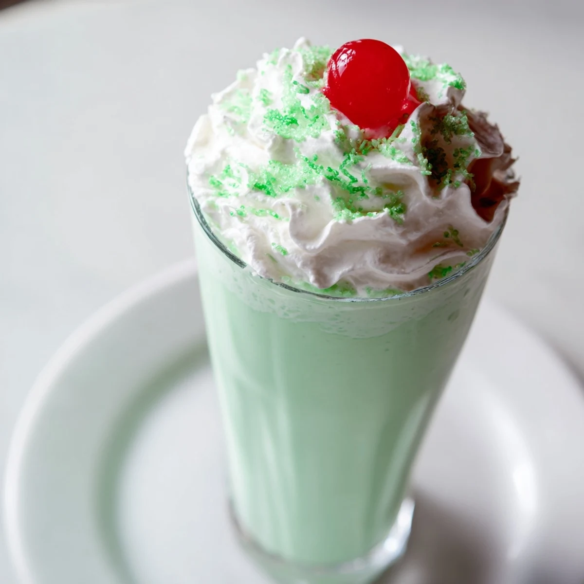 A frosted glass of Homemade Copycat Shamrock Shake topped with whipped cream and a bright red maraschino cherry on a green striped napkin.