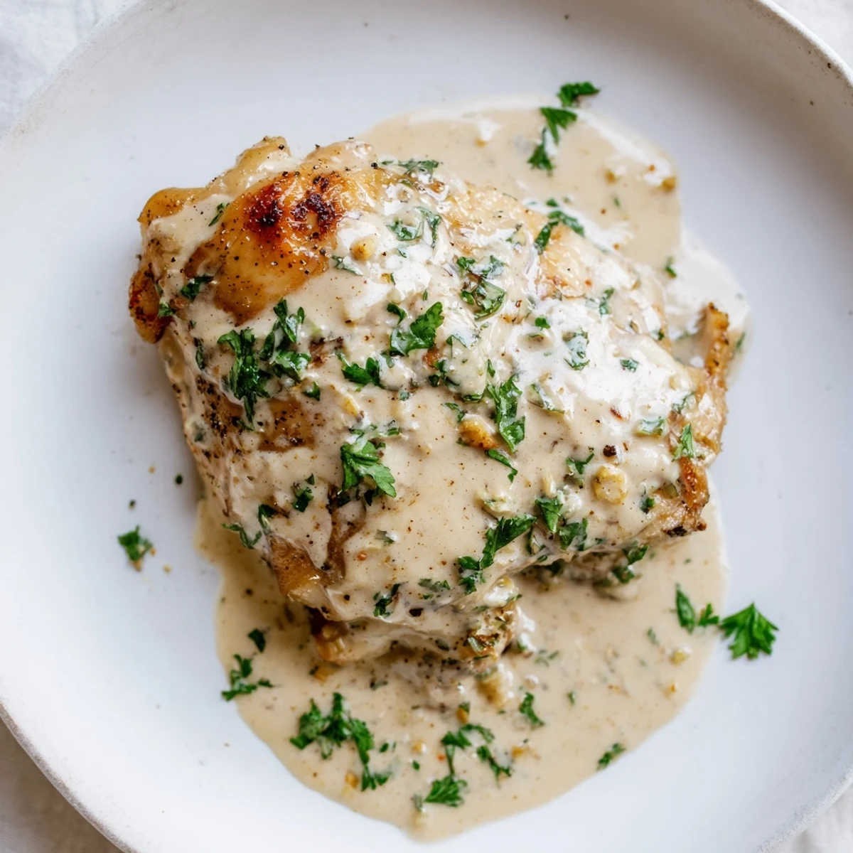 Creamy Boursin Chicken glistening in a skillet with rich garlic sauce and fresh parsley garnish.