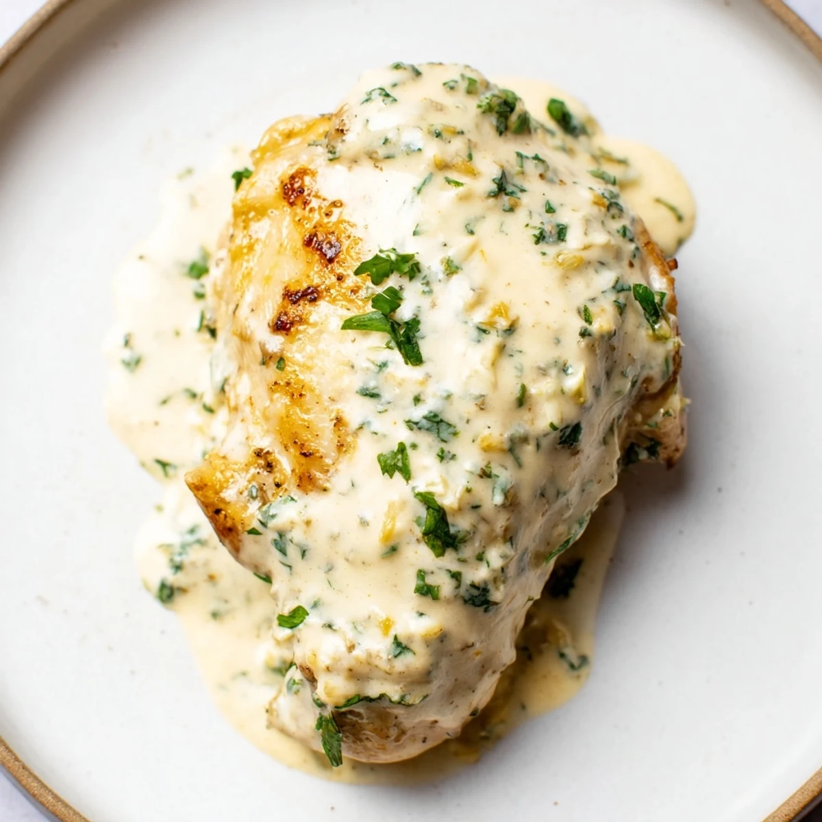 Juicy chicken with Boursin cheese sauce on a white plate, garnished with herbs for a delicious meal.