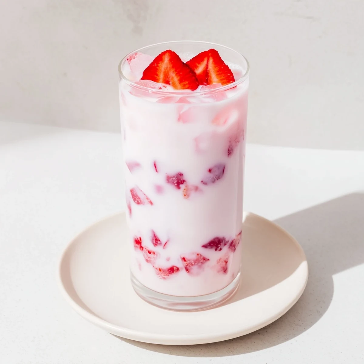 A close-up of Cafe Style Korean Strawberry Milk in a tall glass with swirling pink sauce and fresh strawberry slices.
