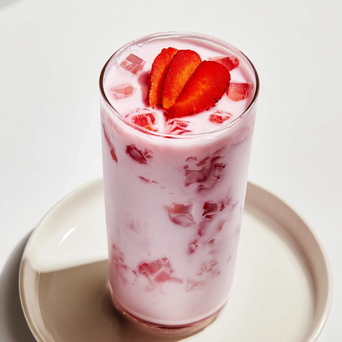 Two glasses of Cafe Style Korean Strawberry Milk topped with sliced strawberries, ready to enjoy on a sunny afternoon.