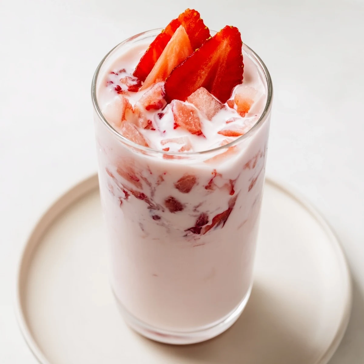 Cafe Style Korean Strawberry Milk served over ice with frothy milk and vibrant red berry garnish for a refreshing drink.