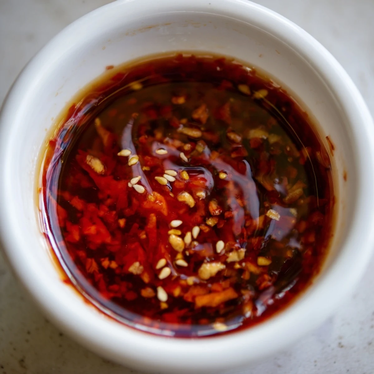 This bowl of Best Asian Coleslaw Dressing shows a glossy, golden-brown pour over crunchy cabbage and carrots.