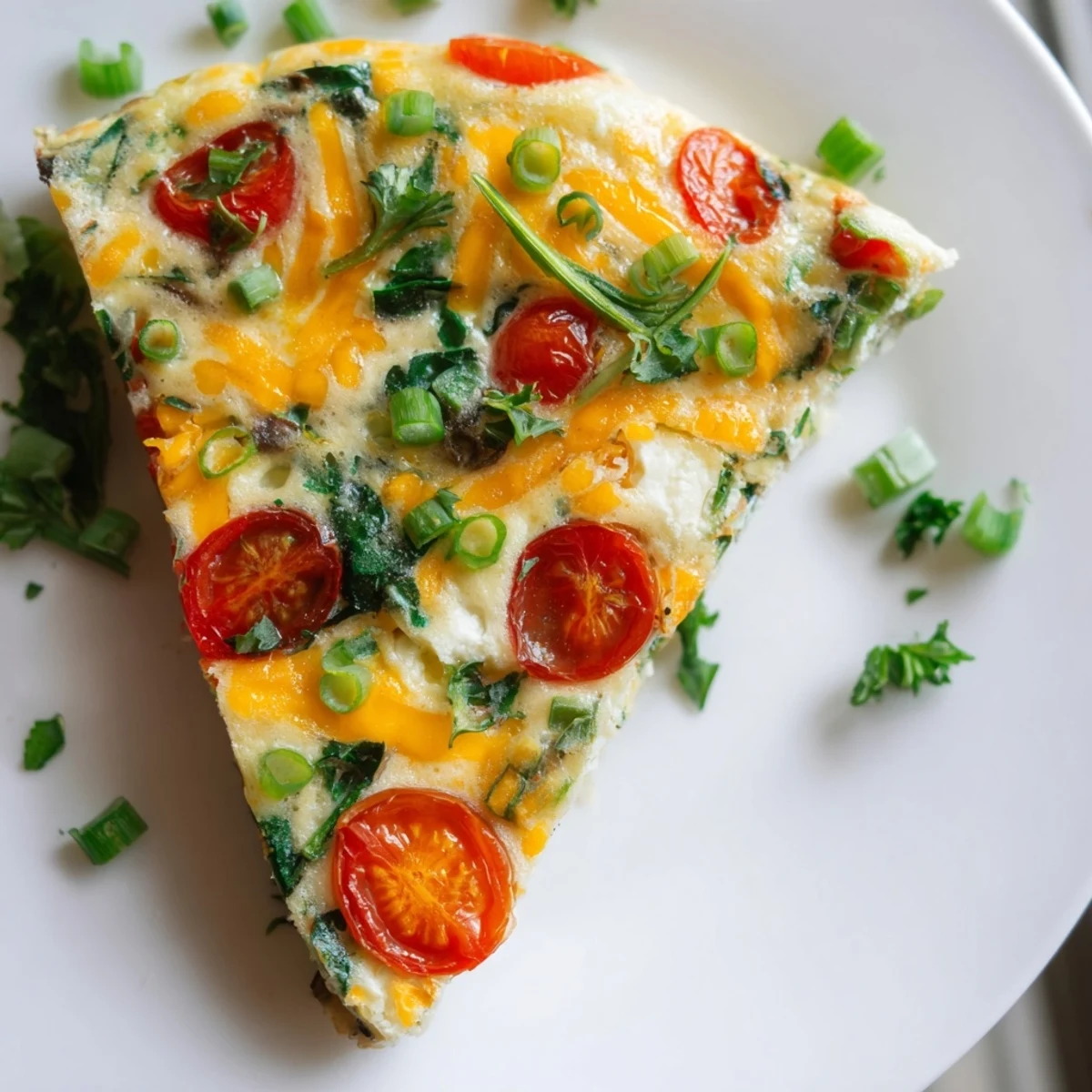 Sliced wedges of Simple Cottage Cheese Frittata reveal fluffy eggs, melted cheese, and vibrant green onions on a rustic plate.