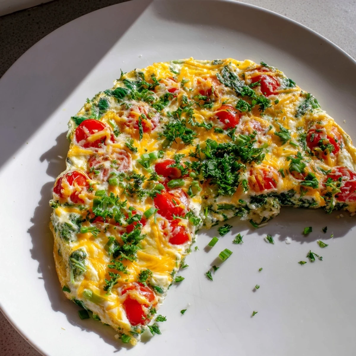 A golden-baked Simple Cottage Cheese Frittata with spinach, tomatoes, and herbs, served warm for a protein-rich breakfast.