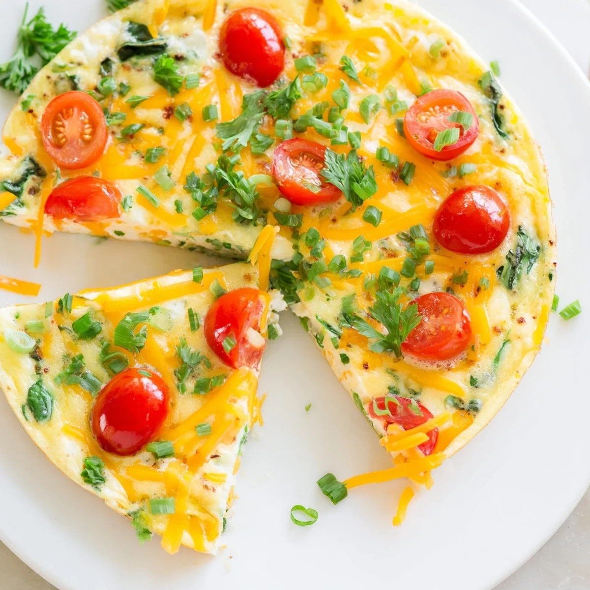 Freshly baked Simple Cottage Cheese Frittata rests in a skillet, garnished with parsley and ready to enjoy for brunch.