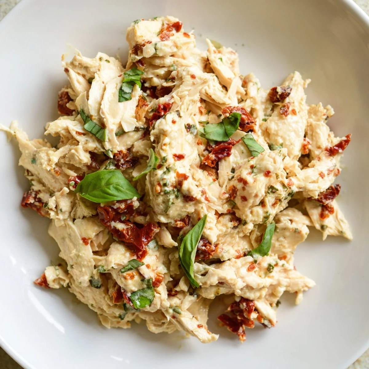 Tender shredded chicken coated in creamy parmesan sauce with sun-dried tomatoes, perfect over pasta or rice.