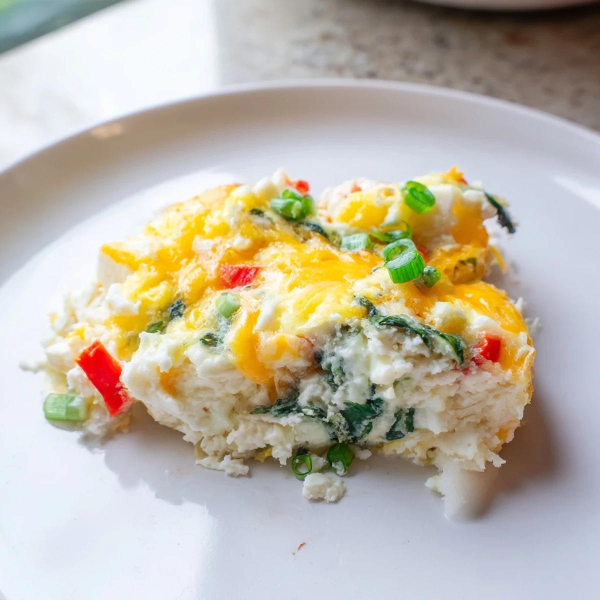 A close-up shows fluffy Cottage Cheese Egg Bites on a white plate next to a fork and fresh berries.