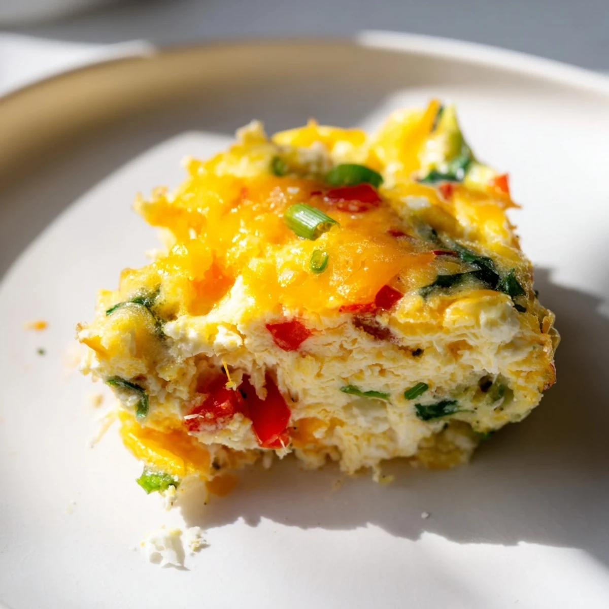 Twelve golden Cottage Cheese Egg Bites sit in a muffin tin, featuring specks of spinach, red pepper, and onion.