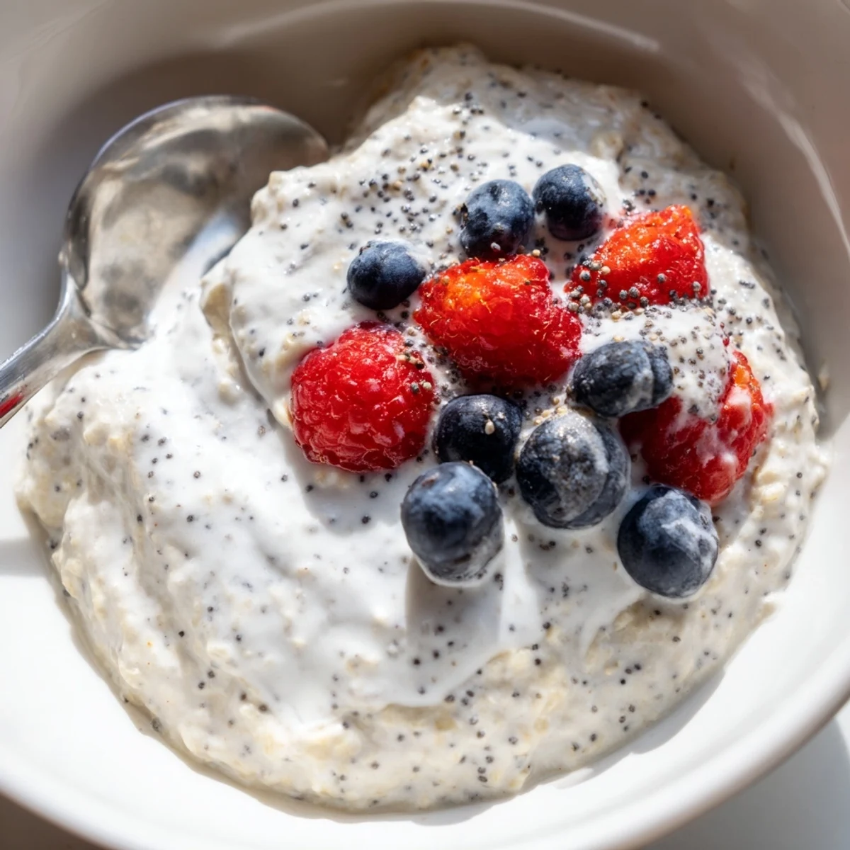 Creamy Vegan Lemon Poppy Seed Overnight Oats served in a clear jar, topped with fresh berries and sliced almonds for breakfast.
