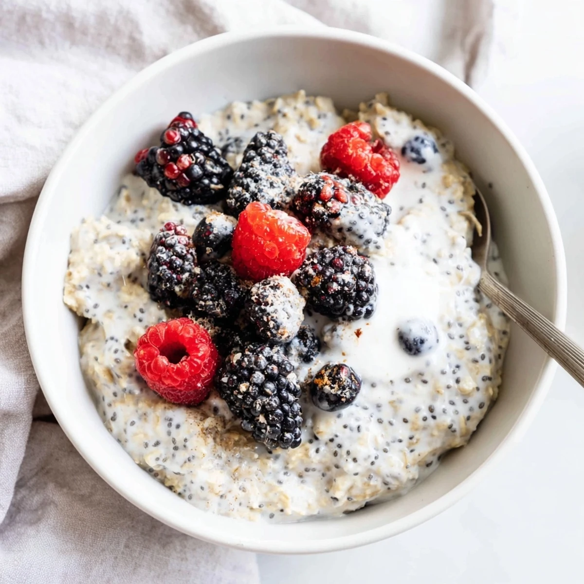 Enjoy a refreshing morning bowl of Vegan Lemon Poppy Seed Overnight Oats layered with coconut yogurt and extra lemon zest.