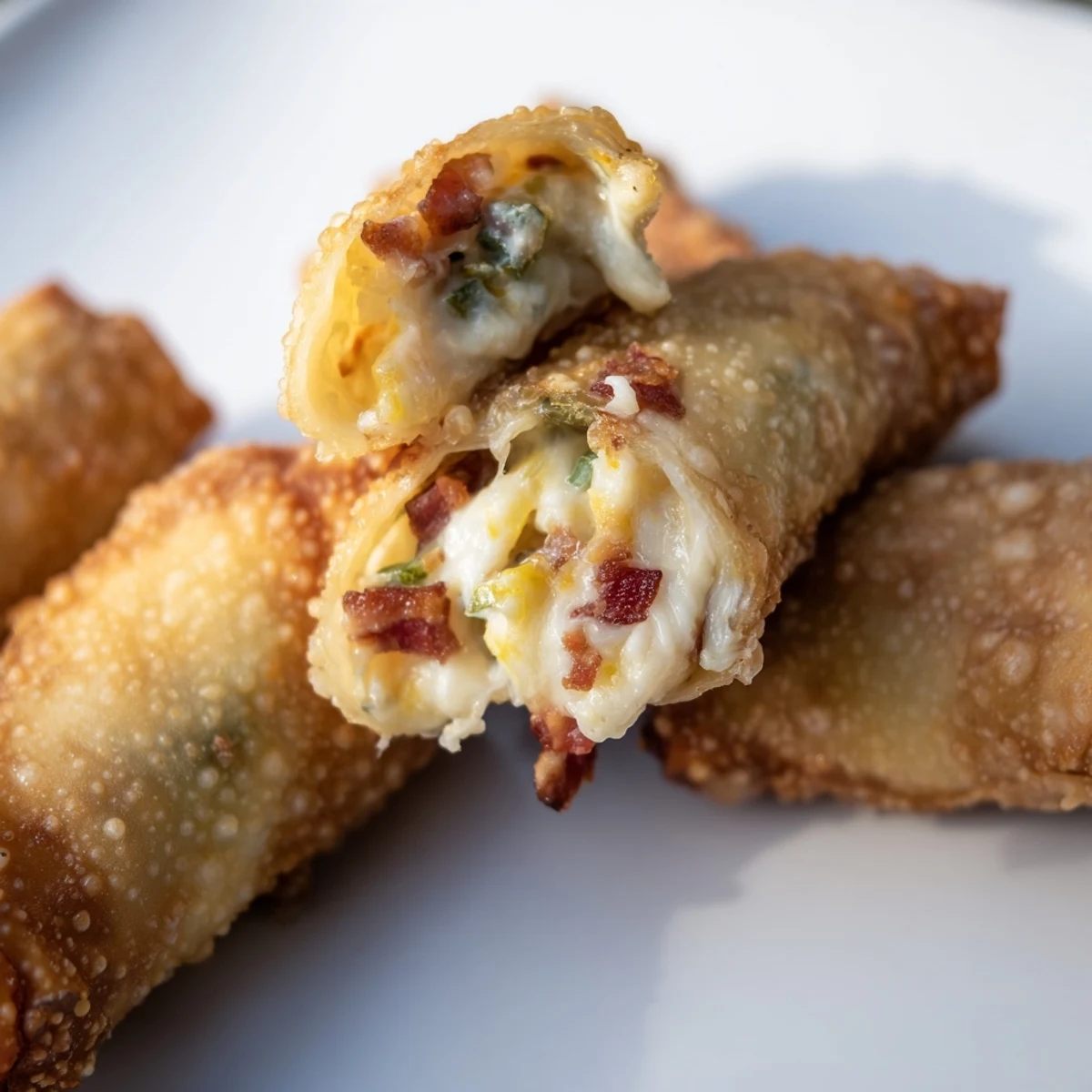 Golden brown Bacon Jalapeno Popper Eggrolls resting on a wire rack, with visible crispy texture and steam rising. 