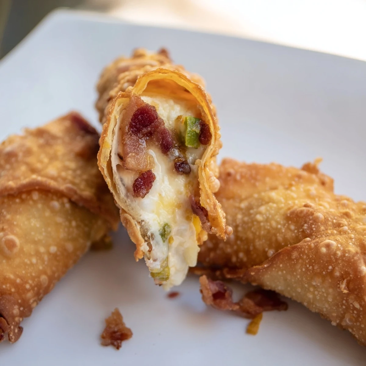 Close-up of Bacon Jalapeno Popper Eggrolls, cut open to reveal creamy cheese and spicy jalapeño filling. 