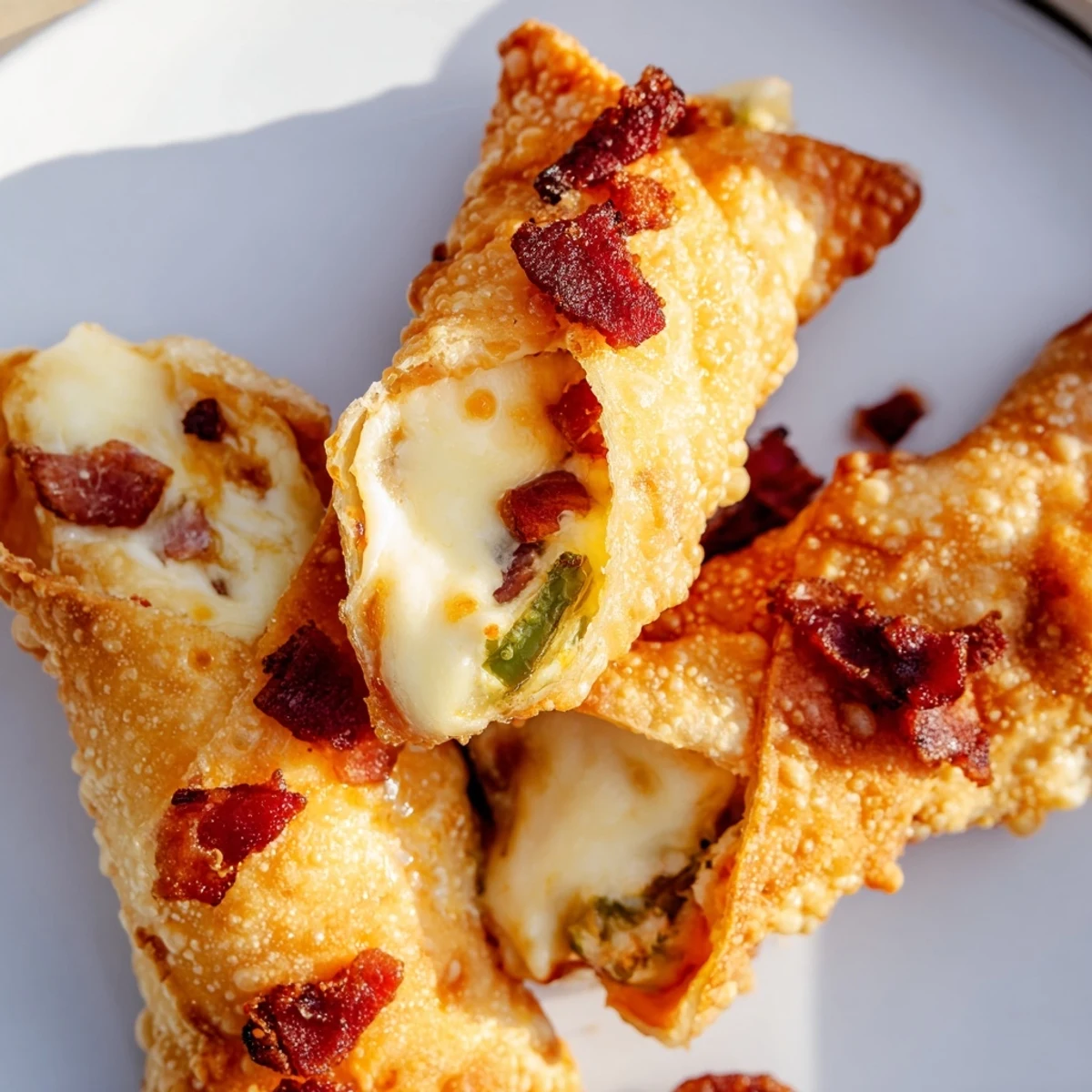 Arrangement of Bacon Jalapeno Popper Eggrolls on a platter with a side of ranch dipping sauce.